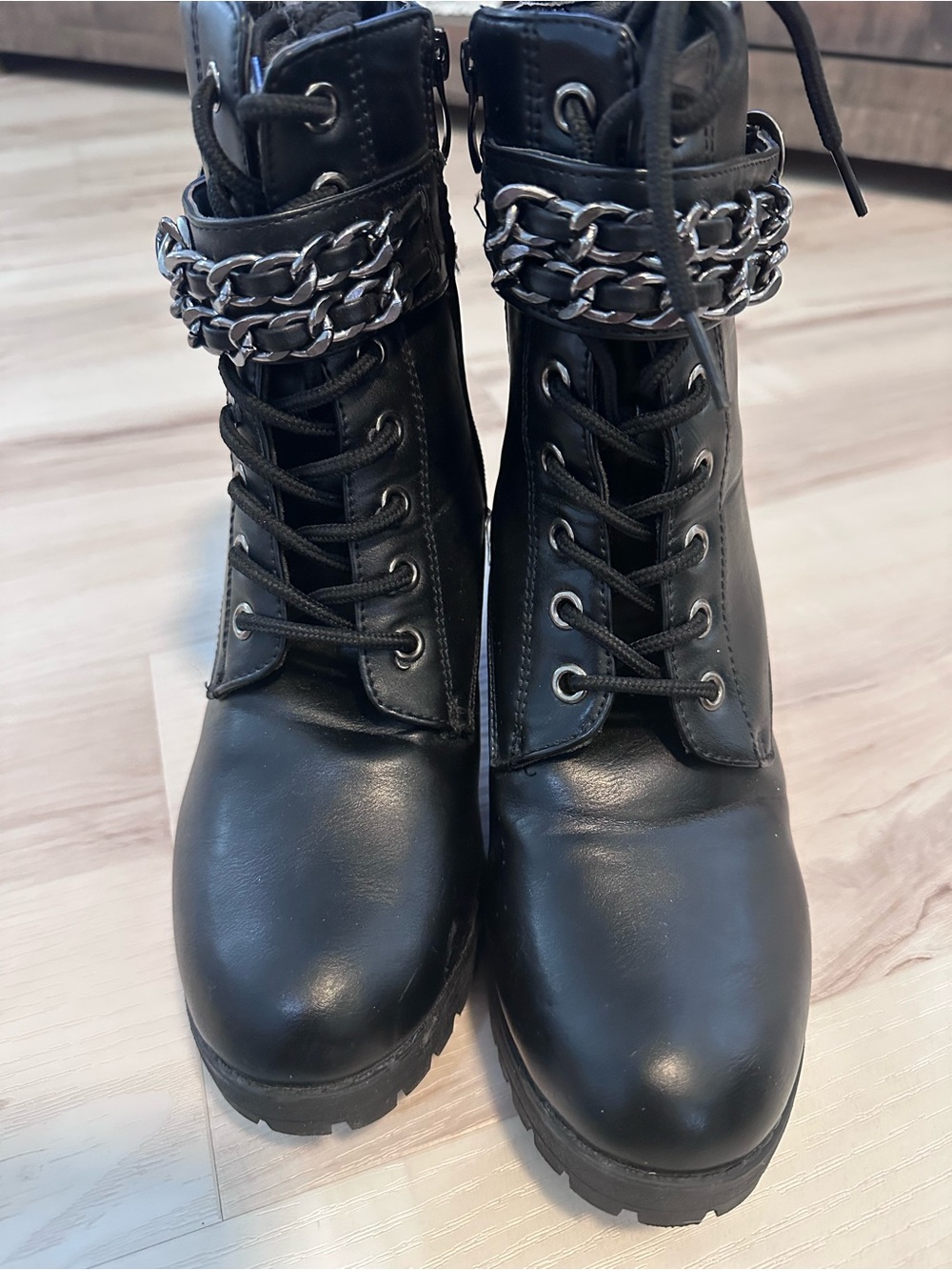 Women's Black Lace-Up Combat Boots with Chain Detail